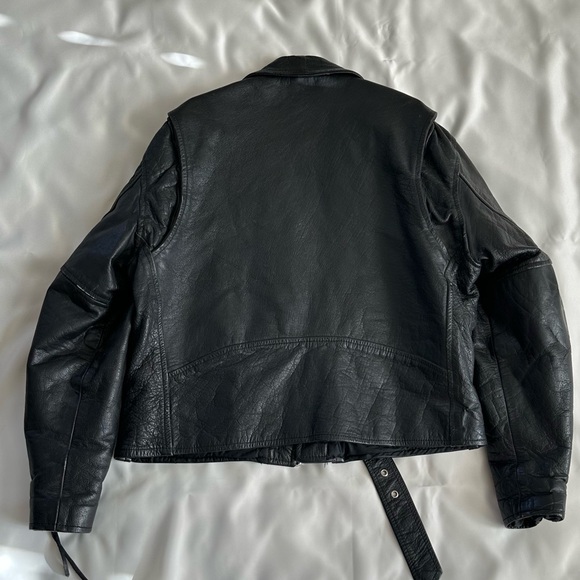 VINTAGE 1980s Black Genuine Leather Biker Jacket Moto Streetwear ~Rare! SZ 46 - Picture 6 of 16